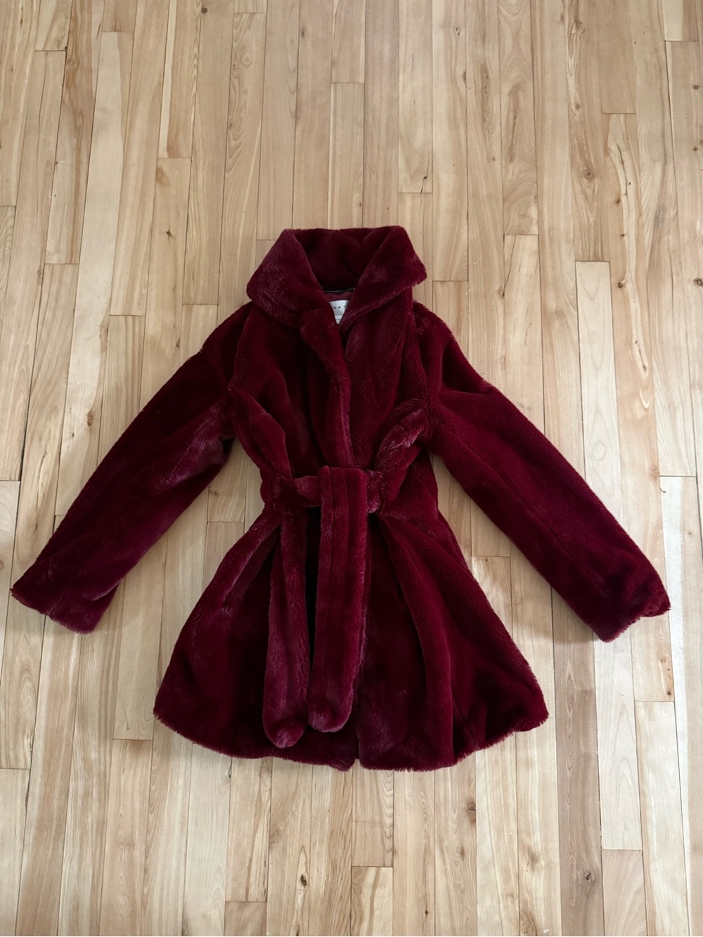 Trina Turk Burgundy Faux Fur Belted Cape Coat